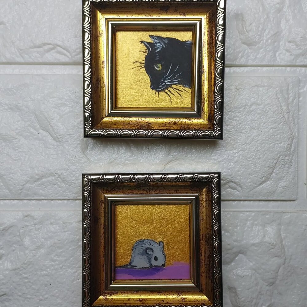 Lot of 3 Framed Original Mini Black Cat Oil Paintings - Picture 2 of 8